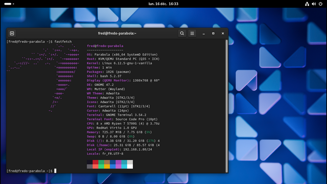 Le fastfetch d'une Parabola avec le noyau linux-libre  6.12.5