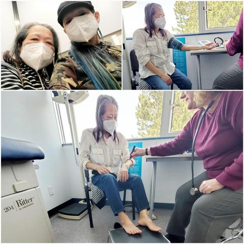 A collage of images showing Mom in a medical setting. The top left image is a selfie with me & Mom wearing masks. The top right shows the Mom having her blood pressure checked. The bottom image shows a doctor testing Mom's reflexes in the exam room.