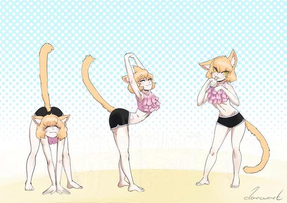 Some pose doodles of a cat character in swimwear doing some stretching