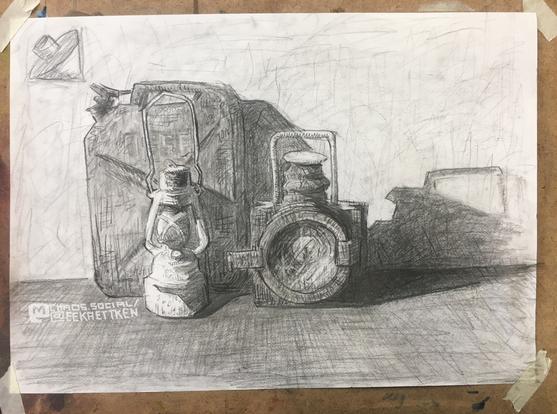 Pencil on paper

A lantern besides an old camera, in front of a petrol can. The camera throws a dark and dynamic shade to the right, on the wall behind it.