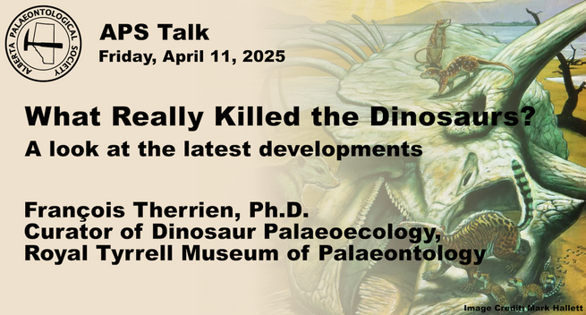 A poster of the presentation title. On the left it's solid brown, transitioning to transparent on the right. This exposes a painting of the skull of a triceratops with several small mammals scurrying around it.