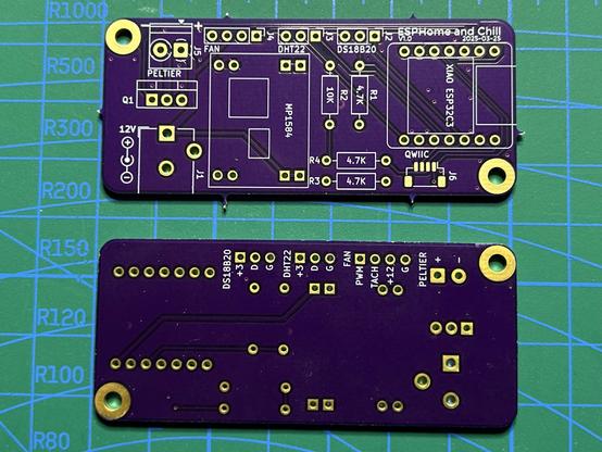 Front and back sides of a bare printed circuit board from OSH Park.  The silkscreen is labeled as clearly as I know how.