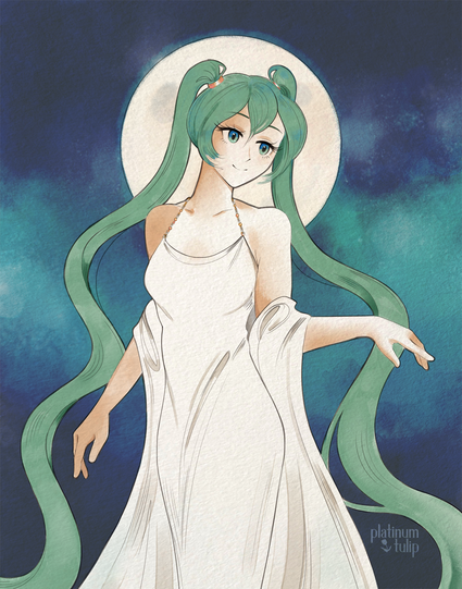 illustration: a girl with long, teal pigtails, standing gracefully in front of a full moon. she is wearing a long, white dress, a white shawl draped across her arms, and is looking down with a peaceful smile on her face
