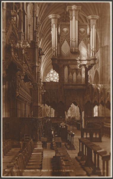 Sepia real photographic postcard showing a view of the organ and Bishop's Throne in Exeter Cathedral in Devon.

Published by Judges Ltd, Hastings, No 4295, 1916.

Postally unused.

Very good condition, with minimal corner bumps.