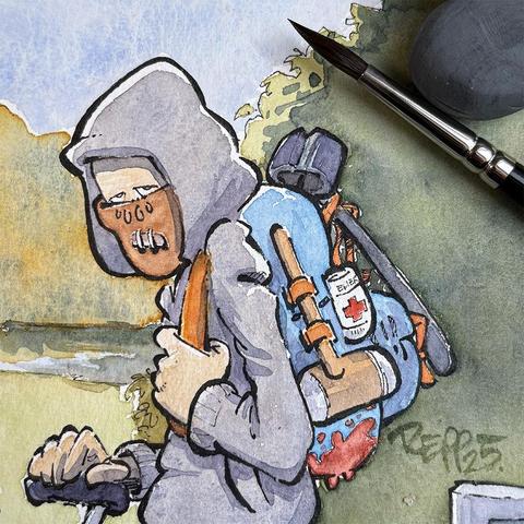 Cartoon showing a psychopath who has just finished some work.