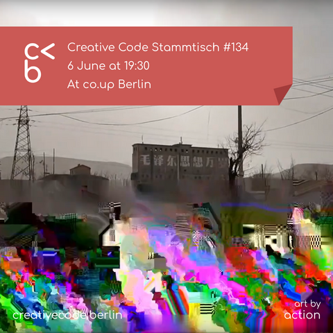 Poster by https://creativecode.berlin announcing the Creative Code Stammtisch #134 on June 6th 2025 at 19:30 in co.up, Berlin (Adalbertstr. 6 - 8, next to Kottbusser Tor)

The image has a red banner with the information on top of a grayscale foggy picture of some buildings with power lines above them, all of it glitched with rich colors at the bottom of the photo.