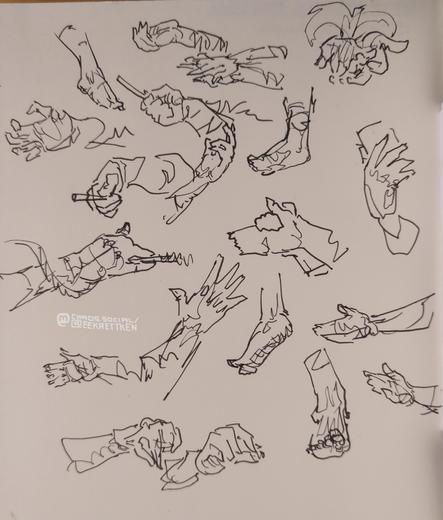 Black Fineliner on paper

Many quick sketches of hands and feet