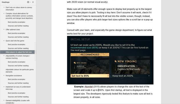 A screenshot of a text editor. On the left side of the screen, there's a long list of bullet points mentioning topics such as navigation assistance, optional clues, and visual alternatives to auditory feedback. On the page next to it are several paragraphs of text and a screenshot from the game Atomfall, which is highlighted as a positive example for font size options.