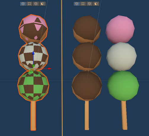 The right side of the picture shows 2 wooden skewers with each 3 spheres on them. The 1st one has brown spheres (representing takoyaki) and the 2nd one has pink, white and green coloured spheres (representing dango). The left side of the picture shows what they look like when you superimpose the 2 skewers. The meshes align perfectly, but the colours display some odd patterns on the surface of the spheres. The lower 2 spheres show a mostly checkered pattern, while the top sphere shows a pink uper half, a brown lower half, with triangles of the opposing colour on each half.