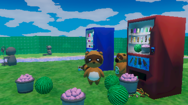 A lowpoly anthropomorphic tanuki is standing between 2 vending machines, on a grassy field with a river in the background. The machine behind them is blue and is distributing drinks, while the one in front of them is red and is distributing ice pops, various kinds of skewers, watermelons and buckets of marshmallows, because why the heck not. Several ice pops, skewers, watermelons and buckets are lying on the ground all around them. Life could be worse, eh.