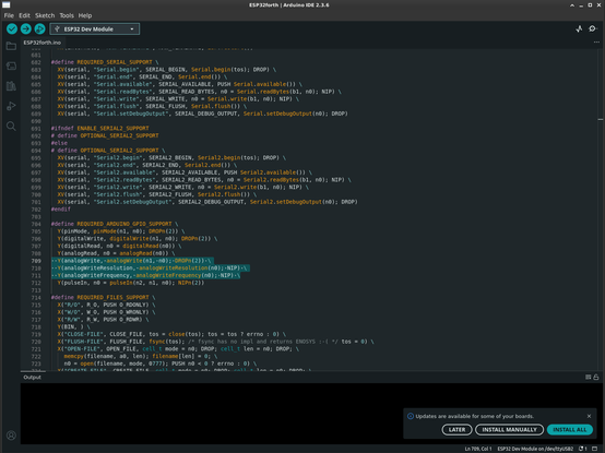 Screenshot of Arduino IDE in "dark theme" mode, showing part of the ESP32forth code with my three added lines selected and higlighted.