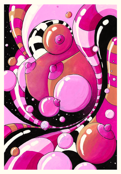 Abstract artwork with fluid forms and bubbles. Breasts are visible, and bubbles with nipples float around. The colors range from ochre to deep magenta, with black and white accents.