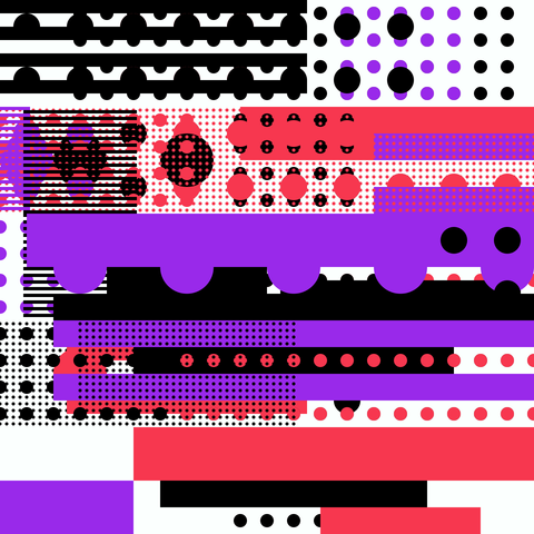 Generative artwork of layered geometric patterns with circles, stripes, and grids. Bold colors in black, red, and purple dominate, creating rhythm through repetition and contrast, with overlapping textures and playful negative space on a white background.