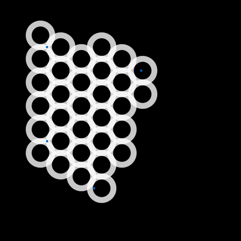 A mass of overlapping white slightly translucent rings on a black background.   4 blue points mark a subjacent (invisible) polygon that defines the region that will have rings.