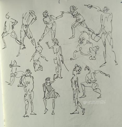 Black Fineliner on paper

Various quick sketches of people