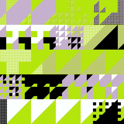 Abstract geometric artwork composed of triangular patterns and angular shapes in lime green, black, white, and muted lavender. Repetitive grid textures and sharp diagonals create a dynamic visual rhythm across a segmented composition.