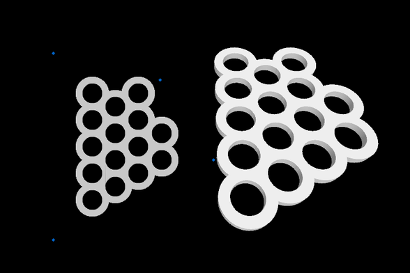 a mass of fused 2D white rings on the left (with 4 blue handles) and the same mass extruded and slightly rotated in 3d on the right