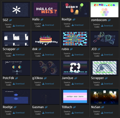 A montage of the sixteen donated effects from Demozoo's livecode archive