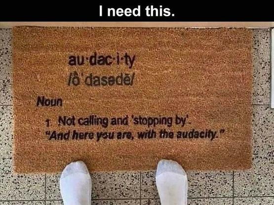 au.dac.i.ty
Noun
1. Not calling and "stopping by".
"And here you are, with the audacity."