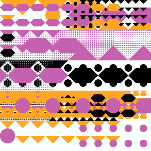 Abstract geometric composition featuring alternating rows of hexagons, triangles, circles, and diamond patterns in orange, magenta, and black on a white background. The design combines solid shapes with dotted and textured fills, creating a bold, rhythmic visual flow.
