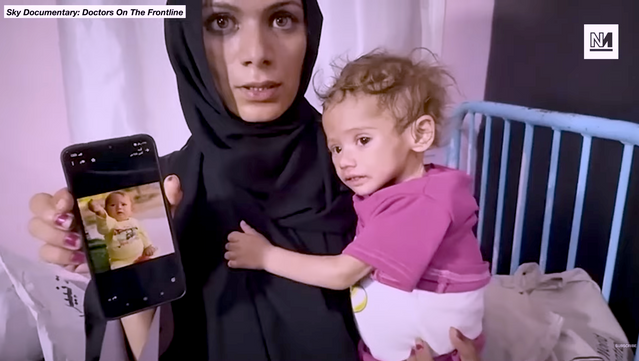 Starving Gazan baby held by mother also starving.