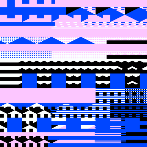 Vertical abstract design with alternating rows of geometric patterns in blue, black, white, and pink. Features include triangles, zigzags, stripes, checkerboards, and dotted textures arranged in stacked bands, creating a bold, high-contrast visual rhythm.