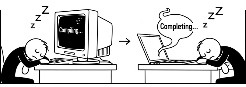 Two programmers taking naps. One waiting for the compilation and the other for the completion.