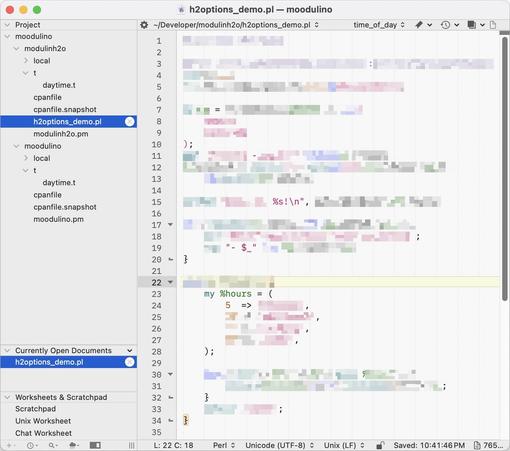 redacted screenshot of a text editor working on a Perl script as part of a larger project