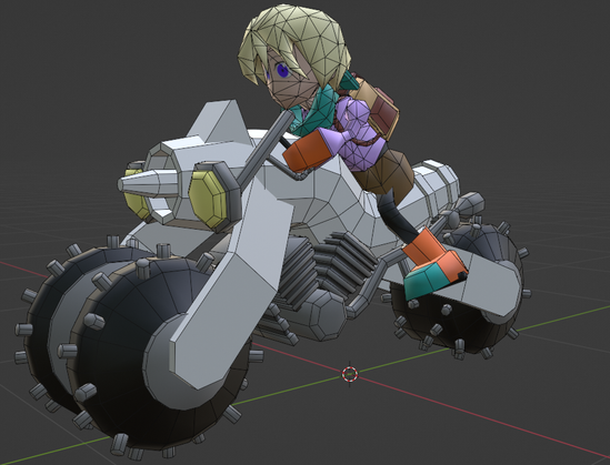 The image shows a lowpoly character atop an unfinished lowpoly model of a bike. It's got 2 wheels at the front though, so technically it's a trike but the 2 front wheels are kinda close so whatever. The main body of the bike has a sort of turbine intake at the front.