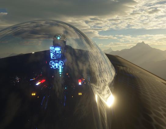 A robotic pilot with four blue eyes inside the cockpit of a futuristic racing vehicle. The pilot is under a transparent canopy that reflects darkening clouds and distant mountains.  A bright caustic of light reflects off the fuselage as the sun moves towards the horizon.  In the cockpit, red, white and yellow lights illuminate the pilot, as does a glowing blue hologram featuring detailed information about the vehicle's health and performance.