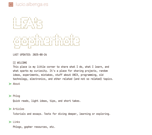 Screenshot of English main page of my gopherhole. With the text LFA's gopherhole in ASCII art followed by text and links to various contents and contact info.