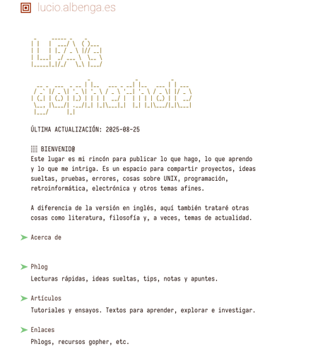 Screenshot of Spanish main page of my gopherhole. With the text LFA's gopherhole in ASCII art followed by text and links to various contents and contact info.