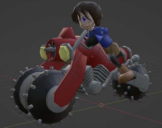 The image shows a lowpoly character atop a lowpoly model of a red bike. It's got 2 wheels at the front though, so technically it's a trike but the 2 front wheels are kinda close so whatever. The main body of the bike has a sort of turbine intake at the front.