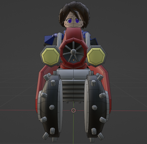 The image shows a front view of a lowpoly character atop a lowpoly model of a red bike. It's got 2 wheels at the front, with metal psikes protruding out from the tires. There's a turbine for engine air intake at the front, with headlights on each side of it.