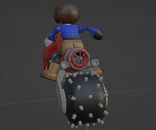 The image shows a rear view of a lowpoly character atop a lowpoly model of a red bike. The rear wheel is wider than the front wheels. The main body of the bike has a sort of turbine at the rear, where air from the air intake at the front comes back out. It's got exhaust pipes on each side.