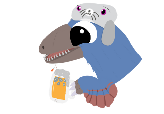 a deinonychus holding a glass of beer with a bunch of ice cube floating, an orange flag with a percentage sign is hanging from the glass. the deinonychus is blue and wearing a seal hat