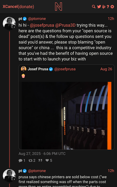 Screenshot of xcancel.com website that allows to see a X post entirely. Pt took one of the teaser written by Jo Prusa for a future product to try to address the constant attack of Prusa against open source.