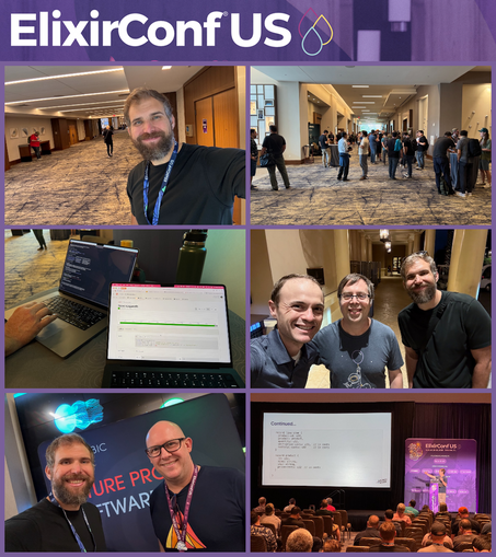 A collage of six photos from ElixirConf US showing various conference moments: a bearded attendee taking a selfie in a hallway, a crowded networking area with dozens of developers socializing, two laptops displaying code editors and development work, three men smiling together for a group photo, two attendees posing in front of a conference display screen, and a presentation room filled with seated attendees watching a code demonstration on stage with the ElixirConf US banner visible.