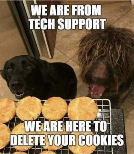 Two dogs are sitting, staring intently at the cakes cooling on the worktop.

The text reads : « We are from the tech support, we are here to delete your cookies. »