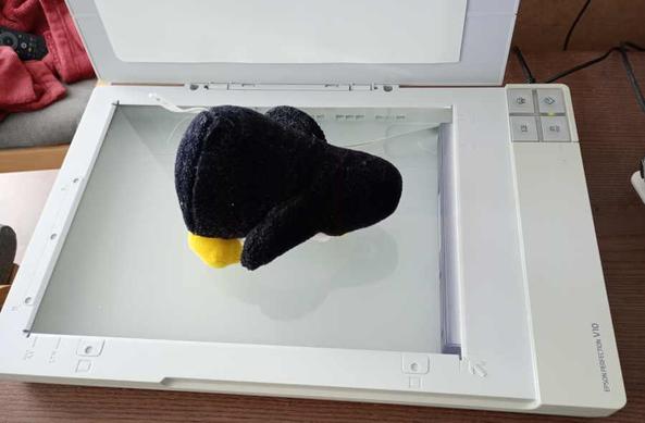 Photo of plush Tux lying on an Epson Perfection V10 scanner.