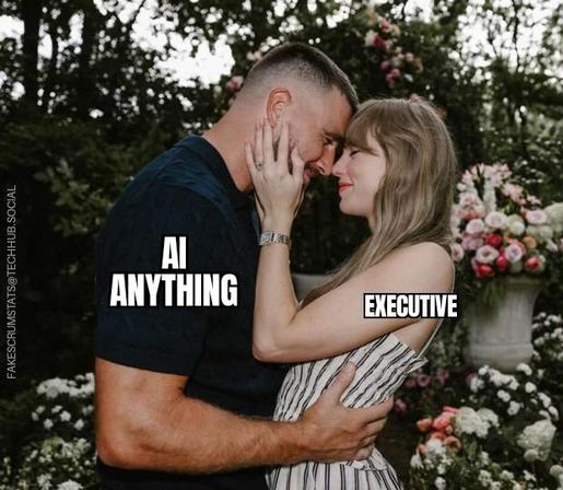 Taylor Swift labeled Executive in an engagement photo embrace with Travis Kelce who is labeled AI anything