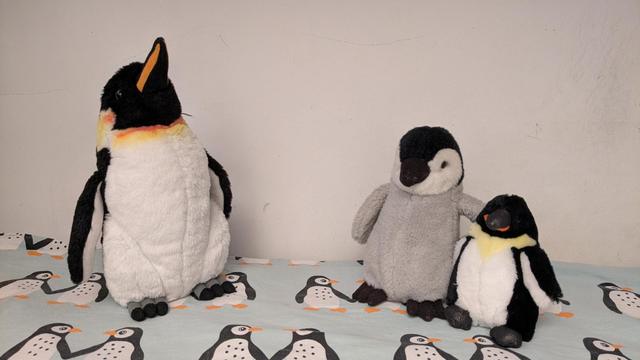 One adult and young plush penguins on a bed with penguin bedsheets.