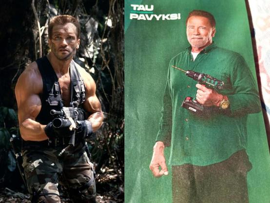 On the left, Arnold Schwarzenegger in Predator (1987) wielding a gun and wearing a sleeveless jacket to show off his sizable biceps. On the right, same actor, now much older and less muscular, holding a battery power drill. He's also wearing a comically large wristwatch for some reason.