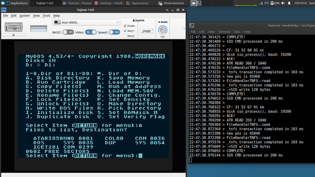 A screenshot taken on my Thinkpad X240 running Debian 13. Fujisan is on the left, booted into MyDOS using FujiNet-PC, which is running in a terminal on the right, and writing its log to STDOUT. MyDOS shows a listing of the files on the MyDOS disk mounted via FujiNet-PC.