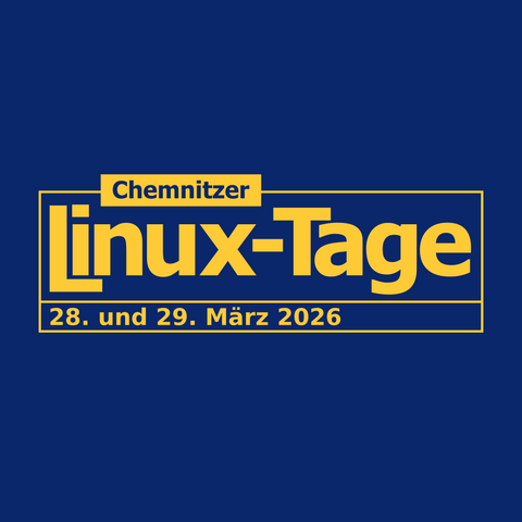 Das Logo der Chemnitzer Linux-Tage in gelb auf blauem Hintergrund, mit dem Datum für die Chemnitzer Linux-Tage 2026, dem 28. & 29. März 2026.