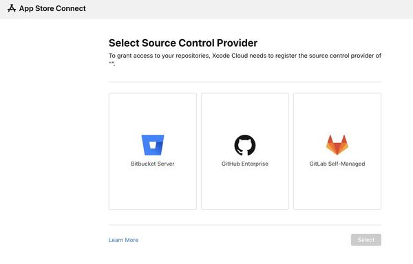 Screenshot from App Store Connect where one can only choose between GitHub, GitLab and Bitbucket
