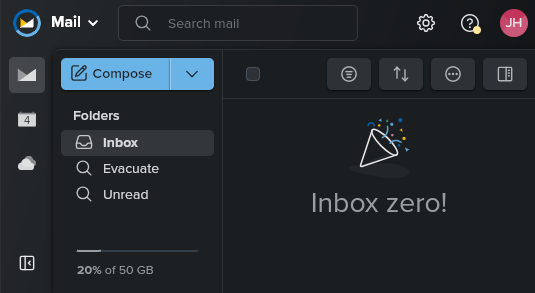 Fastmail web interface indicates "Inbox Zero"