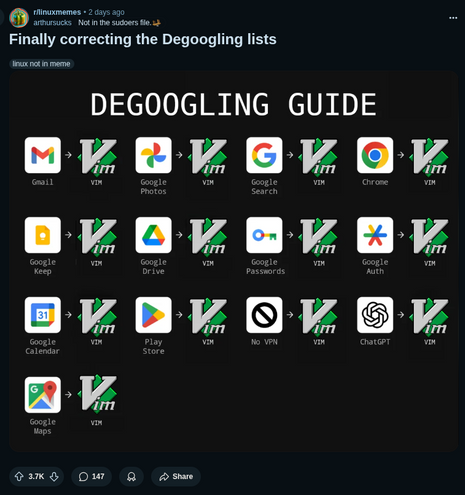 A meme showing popular Google apps replaced by Vim editor icons, labeled “DEGOOGLING GUIDE.” Gmail, Google Photos, Google Search, Chrome, Google Keep, Google Drive, Google Passwords, Google Auth, Google Calendar, Play Store, ChatGPT, and Google Maps are all replaced by Vim, except for "No VPN" which is crossed out.