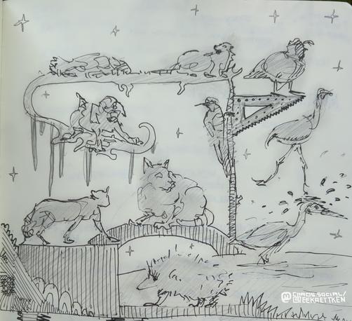 Black Fineliner and smeared pencil on paper

Sketches of animals, standing on abstract forms like boxes, a tree, etc. Stars in the background.
