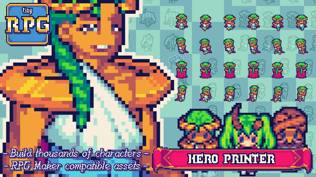 Cover art for the Hero Printer. The text says that thousands of characters can be built and that the assets are RPG Maker compatible. A green haired prince, a green haired succubus and a mage with an orange turbant can be seen.
